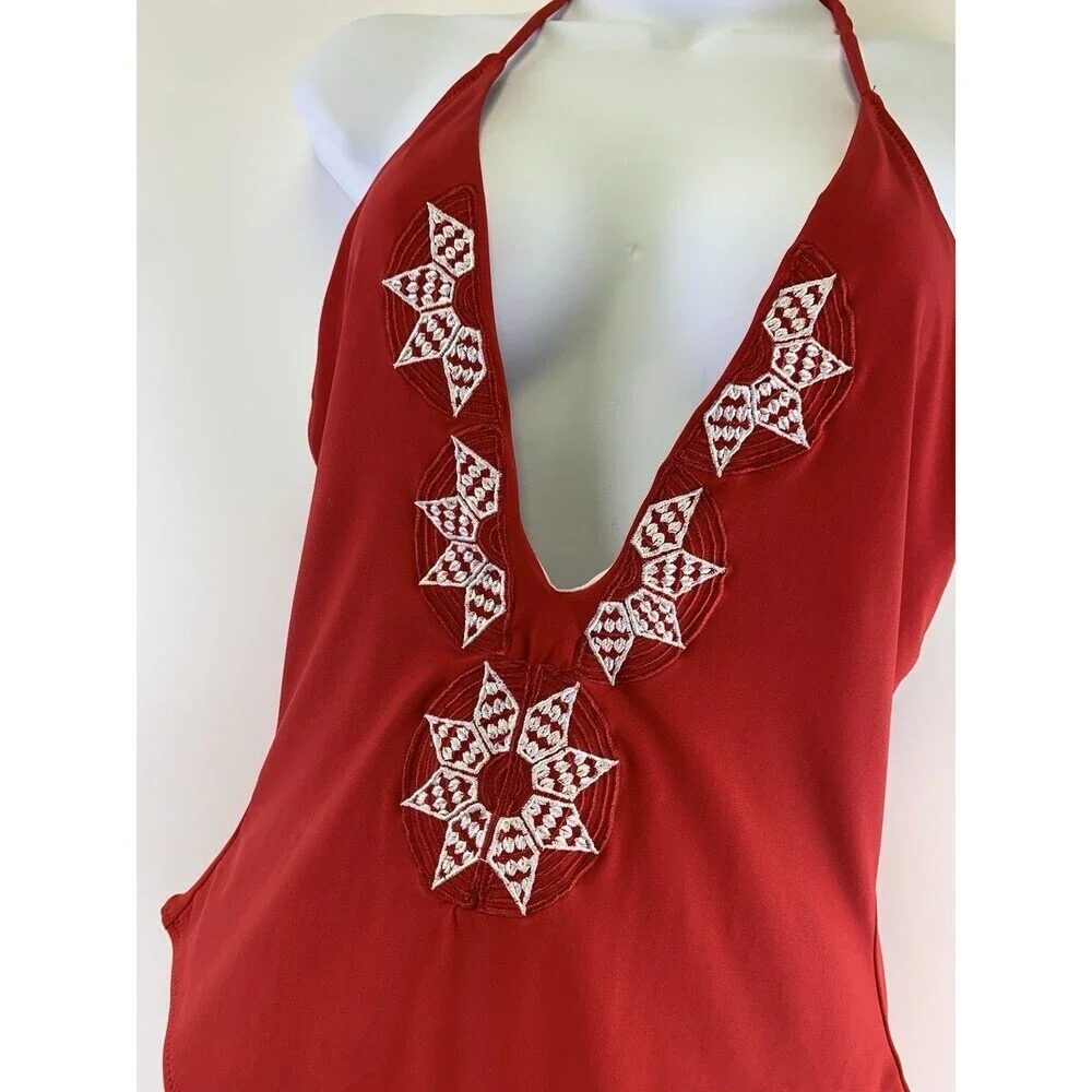 BOGO Cupshe One Piece Swimsuit Red Embroidered Deep V Neck Halter‎ Tie Womens S